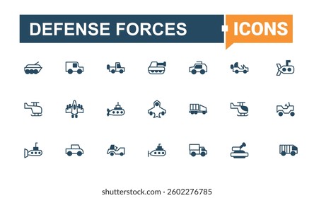 Defense Forces icon pack. Contains related to fight, navy, munition, army, fighter, artillery and more. Military related icon. Modern linear icons. Pixel perfect. Editable vector.