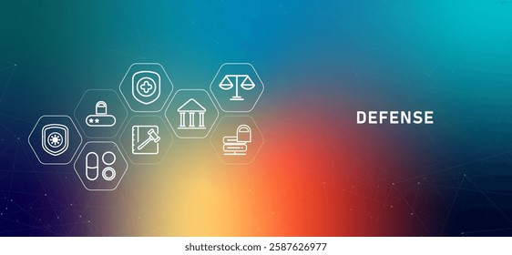 Defense gradient header court punishment access verification healthcare insurance treatment medicine cybersecurity system data protection shield guard law policy security icon design illustration