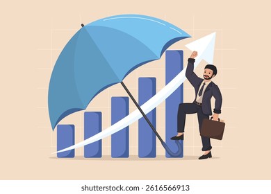 Defense and Growth An illustration of a man using an umbrella to protect rising bar graphs.