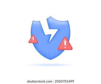 defense hacking concept. protection and security system failure. notification and weakness. illustration of a cracked shield and a sign of equipment. symbol or icon. minimalist 3d style design