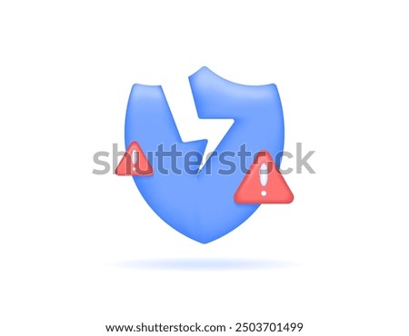 defense hacking concept. protection and security system failure. notification and weakness. illustration of a cracked shield and a sign of equipment. symbol or icon. minimalist 3d style design