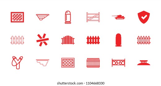 Defense icon. collection of 18 defense filled and outline icons such as fence, shield, wire fence, bullet, tank. editable defense icons for web and mobile.