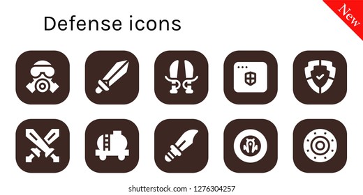  defense icon set. 10 filled defense icons. Simple modern icons about  - Gas mask, Sword, Antivirus, Shield, Swords, Tank, Dagger