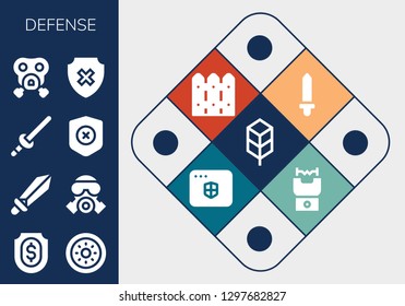  defense icon set. 13 filled defense icons. Simple modern icons about  - Jungle disk, Shield, Sword, Gas mask, Fence, Antivirus, Stun gun