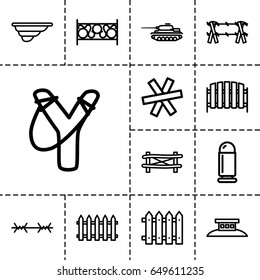 Defense icon. set of 13 outline defense icons such as fence, wire fence, bullet, tank