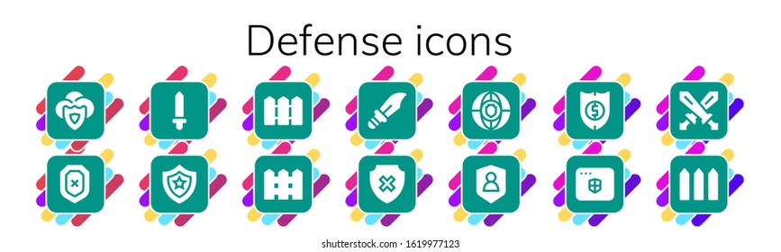 defense icon set. 14 filled defense icons. Included Shield, Sword, Fence, Dagger, Antivirus icons