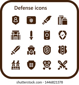 defense icon set. 16 filled defense icons.  Simple modern icons about  - Shield, Antivirus, Dagger, Tank, Prison, Sword, Gas mask, Fortress, Swords