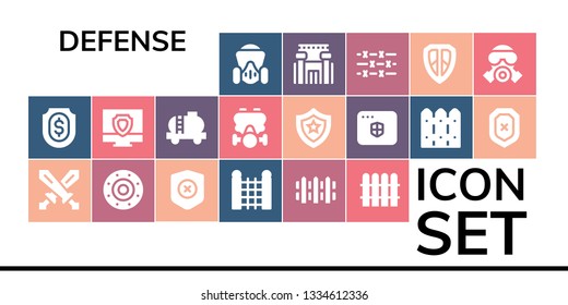 defense icon set. 19 filled defense icons.  Simple modern icons about  - Gas mask, Shield, Swords, Fence, Antivirus, Tank, Prison, Barbed wire