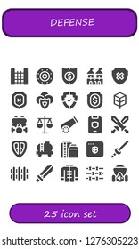  defense icon set. 25 filled defense icons. Simple modern icons about  - Fence, Shield, Fortress, Jungle disk, Gas mask, Law, Cannon, Swords, Tank, Antivirus, Sword, Wushu, Barbed wire