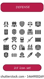 defense icon set. 25 filled defense icons.  Simple modern icons about  - Sword, Gas mask, Shield, Law, Antivirus, Prison, Fence, Cannon, Stun gun, Tank, Fortress, Wushu, Dagger