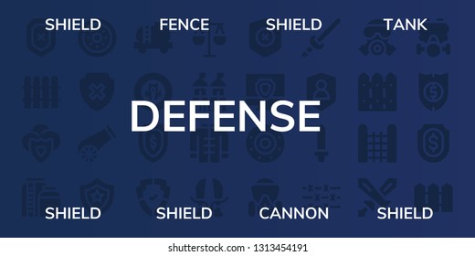defense icon set. 32 filled defense icons. on blue background style Collection Of - Shield, Fence, Tank, Cannon, Law, Fortress, Wushu, Sword, Antivirus, Gas mask, Barbed wire