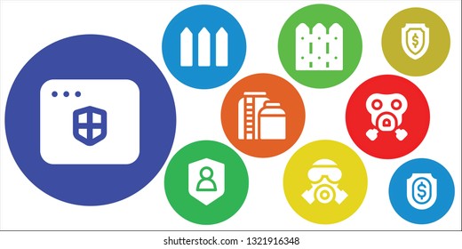 defense icon set. 9 filled defense icons.  Simple modern icons about  - Antivirus, Fence, Shield, Gas mask, Tank