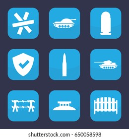 Defense icon. set of 9 filled defense icons such as fence, wire fence, bullet, tank