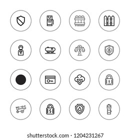 Defense icon set. collection of 16 outline defense icons with cannon, fence, judge, law, key card, pepper spray, shield, safety, stun gun icons.