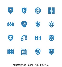 defense icon set. Collection of 16 filled defense icons included Shield, Fence, Judging, Antivirus, Prisoner