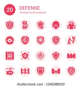 defense icon set. Collection of 20 filled defense icons included Shield, Pepper spray, Gas mask, Barbed wire, Aikido, Prisoner, Antivirus, Fence, Submarine, Medieval walls