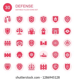defense icon set. Collection of 30 filled defense icons included Judging, Shield, Antivirus, Justice, Barbed wire, Judge, Fence, Gas mask, Medieval walls, Submarine