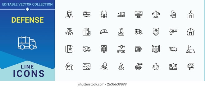 Defense icon set. Featuring war, armed, force, fight, ammunition, weapon. Military vector line icon set. Minimal icons collection. Editable stroke. Pixel Perfect.