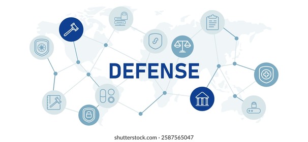 Defense icon set with illustration law protection safety insurance policy medical healthcare medicine cybersecurity shield security data system access password verification court punishment design