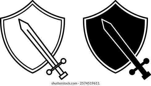 Defense Icons. Black and White Vector Illustration. Shield and Sword. Society Sector Concept