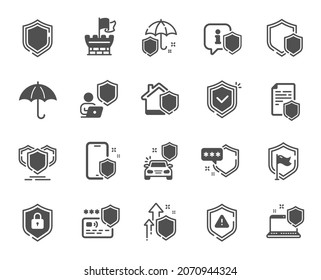 Defense Icons. Car Insurance, Secure Shield And Safe Umbrella. Safety Risk, Computer Security And Defense Privacy Icons. Secure Online Information, Tower Castle And Protect Shield. Vector