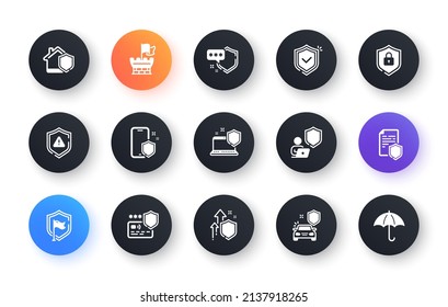 Defense Icons. Car Insurance, Secure Shield And Safe Umbrella. Safety Risk, Computer Security And Defense Privacy Icons. Secure Online Information, Tower Castle And Protect Shield. Vector