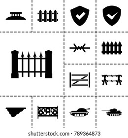 Defense icons. set of 13 editable filled defense icons such as fence, shield, wire fence