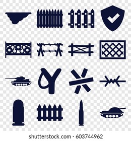 Defense icons set. set of 16 defense filled icons such as fence, wire fence, bullet, tank, sligshot