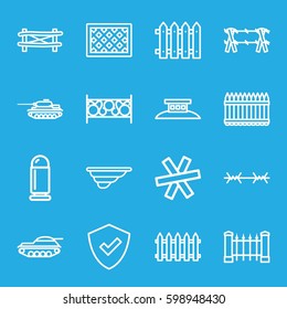 defense icons set. Set of 16 defense outline icons such as fence, wire fence, bullet, tank