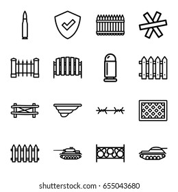 Defense icons set. set of 16 defense outline icons such as fence, wire fence, bullet, tank