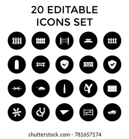 Defense icons. set of 20 editable filled defense icons such as fence, shield, sligshot, wire fence, bullet. best quality defense elements in trendy style.