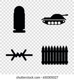 Defense icons set. set of 4 defense filled icons such as wire fence, fence, bullet