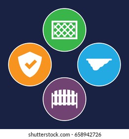 Defense icons set. set of 4 defense filled icons such as fence
