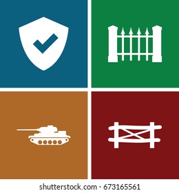 Defense icons set. set of 4 defense filled icons such as fence, tank