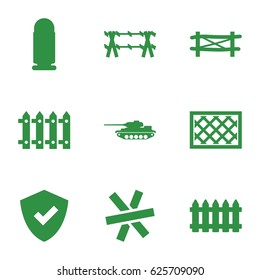 Defense icons set. set of 9 defense filled icons such as fence, wire fence, bullet, tank