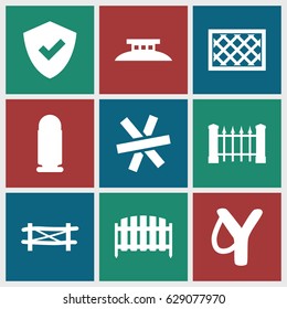 Defense icons set. set of 9 defense filled icons such as fence, wire fence, bullet, sligshot