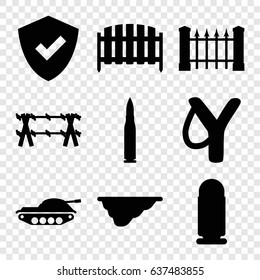 Defense icons set. set of 9 defense filled icons such as fence, wire fence, bullet, tank, sligshot