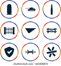 Defense icons set. set of 9 defense filled icons such as fence, wire fence, bullet, tank