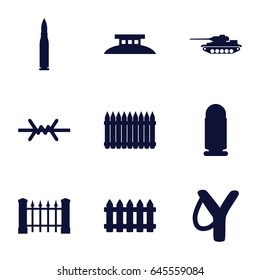 Defense icons set. set of 9 defense filled icons such as fence, wire fence, bullet, tank