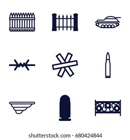 Defense icons set. set of 9 defense filled and outline icons such as fence, wire fence, bullet