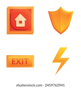 Iconos de defensa conjunto de Vector de dibujos animados. Botón para el hogar, escudo, rayo y señal de salida. Concepto multimedia