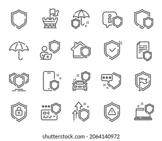 Defense line icons. Car insurance, Secure shield and Safe umbrella. Safety risk, Computer security and Defense privacy icons. Secure online information, Tower castle and protect shield. Vector