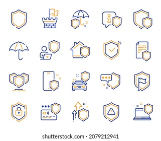 Defense line icons. Car insurance, Secure shield and Safe umbrella. Safety risk, Computer security and Defense privacy icons. Secure online information, Tower castle and protect shield. Vector
