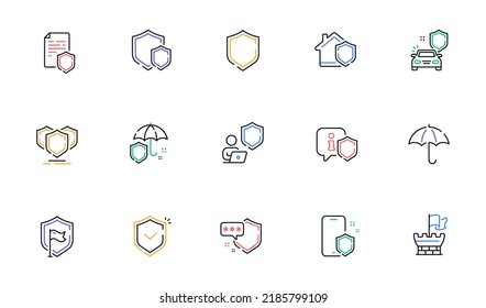 Defense Line Icons. Car Insurance, Secure Shield And Safe Umbrella. Safety Risk, Computer Security And Defense Privacy Icons. Secure Online Information, Tower Castle And Protect Shield. Vector