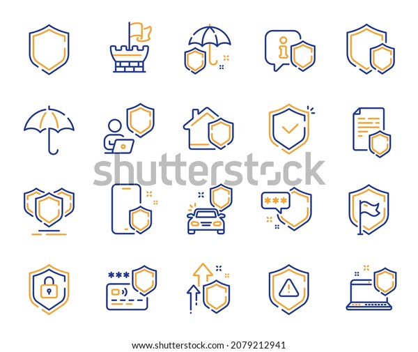 Defense line icons. Car insurance, Secure shield\
and Safe umbrella. Safety risk, Computer security and Defense\
privacy icons. Secure online information, Tower castle and protect\
shield. Vector