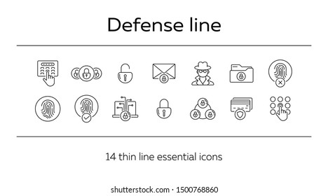 Defense line icons. Set of line icons. Cloud with padlock, fingerprint. Internet security concept. Vector illustration can be used for topics like information security, computing