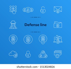 Defense line icons. Set of line icons. Cloud with padlock, fingerprint. Internet security concept. Vector illustration can be used for topics like information security, computing