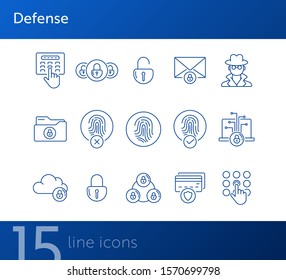 Defense line icons. Set of line icons. Cloud with padlock, fingerprint. Internet security concept. Vector illustration can be used for topics like information security, computing