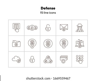 Defense line icons. Set of line icons. Cloud with padlock, fingerprint. Internet security concept. Vector illustration can be used for topics like information security, computing