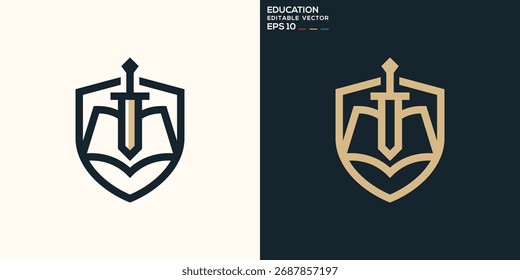 Defense logo. Sword, shield, book, education. Vector design template.